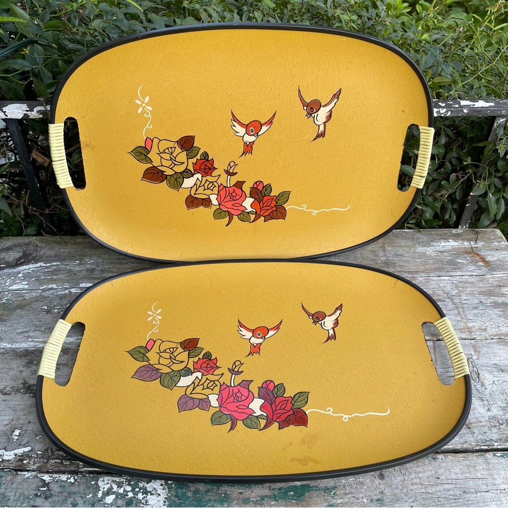 Everbright Vintage 2 serving trays birds & flowers Japan